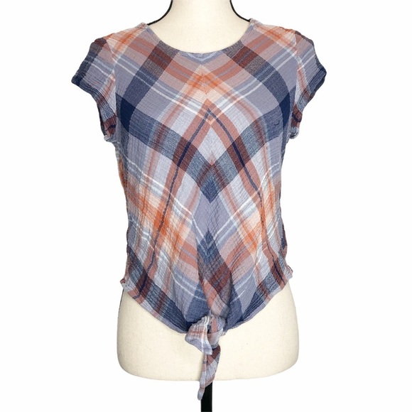 Cloth and Stone Blue Red Plaid Tie Front Blouse Top Small - Picture 1 of 7